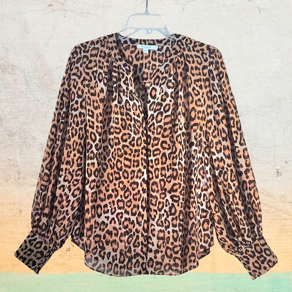 'Chico's' Cheetah/leopard print semi-sheer button-down blouse, Sz. 1.5 (M/10)